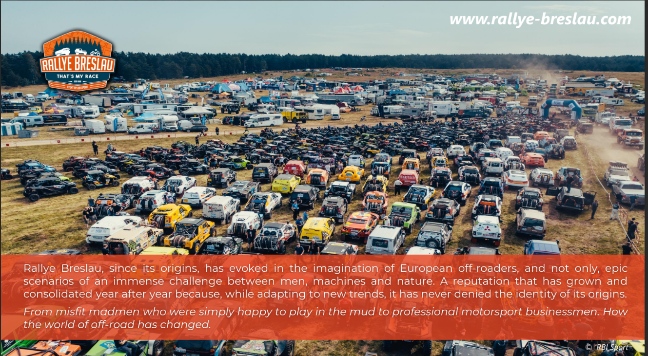 Real aerial view of Rallye Breslau bivouac — hundreds of teams, trucks and campers spread across the Polish plains. Your brand visible among the biggest European off-road rally.