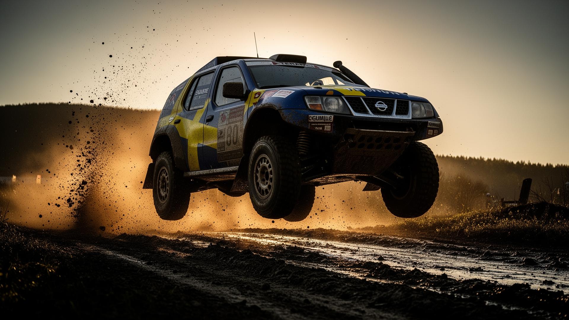 Nissan Terrano rally truck jumping at sunset in Swedish livery